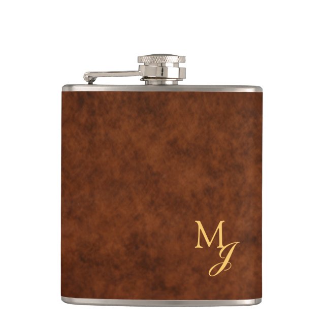 Petaca Monogram Faux Brown Leather Flask (Anverso)