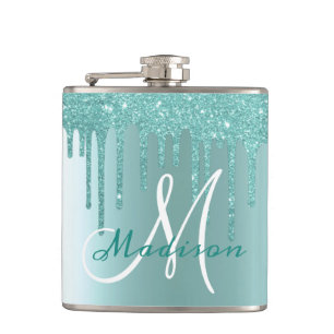 Petaca Monograma Azul Aguamarina con Brillos y Gotear Muj