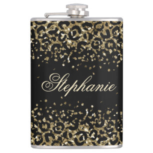 Petaca Monograma Brillante Estampado Leopardo Negro Dorad