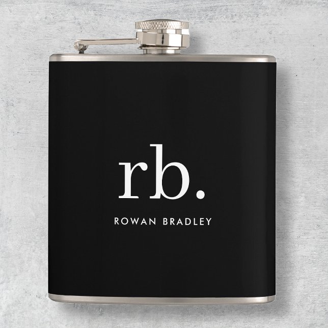 Petaca Monograma Clásico Elegante Mínimo Negro y Blanco (Sleek black modern monogram custom flasks.)