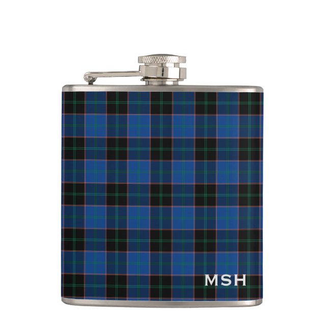 Petaca Monograma de clan Hume Tartan Blue y Black Plantea (Anverso)