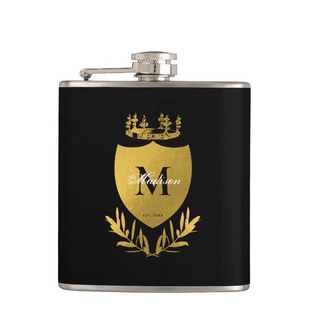Petaca Monograma de Escudo Real Negro y Oro (Anverso)