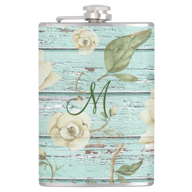 Petaca Monograma de Madera Verde con Magnolias (Anverso)