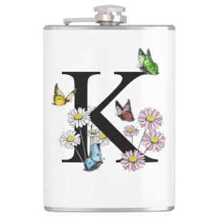 Petaca Monograma de mariposa de acuarela floral letra K