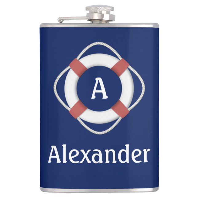 Petaca Monograma de Navy Blue Nautical Lifesaver (Anverso)
