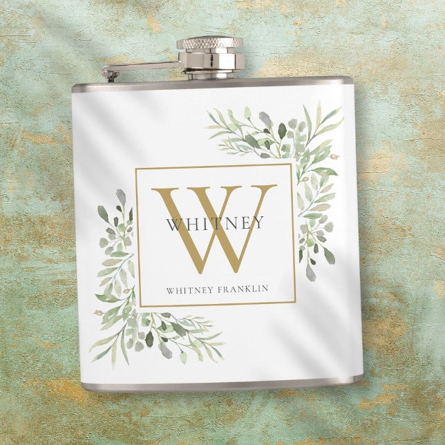 Petaca Monograma de oro Elegante verde moderno (Gold Monogram Elegant Modern Greenery Flask)