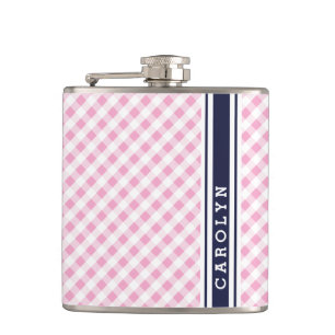 Petaca monograma de patrón de gingham de la marina rosa p