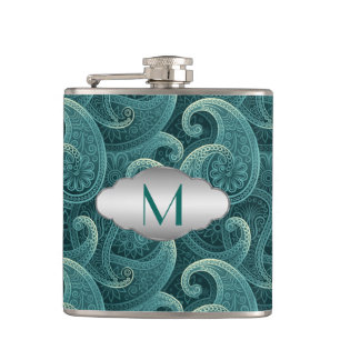 Petaca Monograma de patrón inmaduro de Paisley verde azul