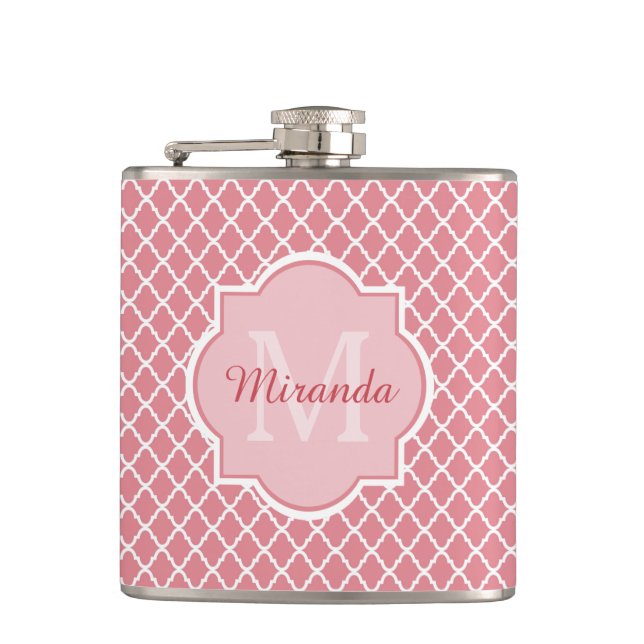 Petaca Monograma De Quatrefoil Rosa De moda Con Nombre (Anverso)