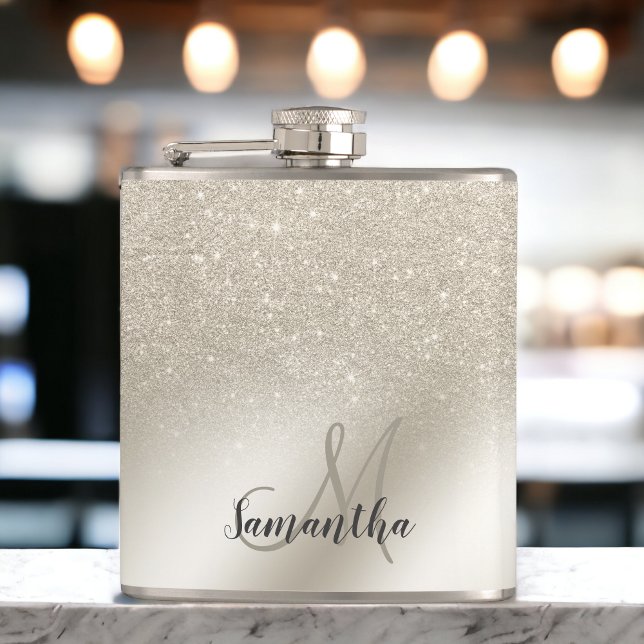 Petaca monograma de Relieve metalizado metálico oscuro pu (pearl ivory glitter ombre metallic foil monogram flask)