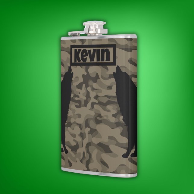 Petaca Monograma de silueta de lobo negro marrón moderno  (Subido por el creador)