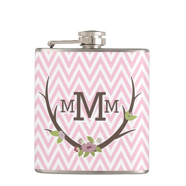 Petaca Monograma del patrón de cheurón rosa de rama flora (Anverso)