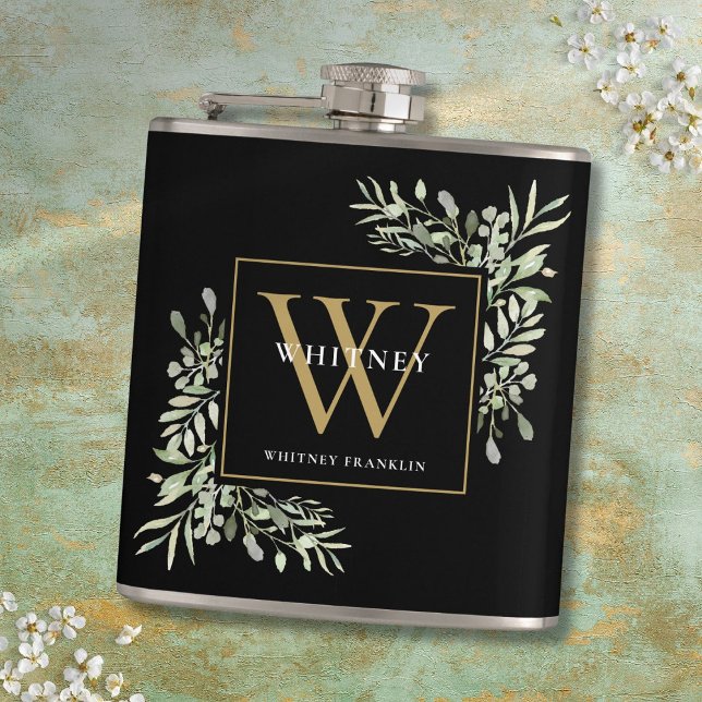 Petaca Monograma Dorado Elegante Modernidad Verde Negro (Gold Monogram Elegant Modern Greenery Black Flask)