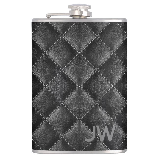 Petaca Monograma Grabado en relieve Groomsman Cuero negro (Anverso)