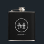 Petaca Monograma Groomsman negro elegante<br><div class="desc">Elevar la tostada con sofisticación intemporal: Elegante Boda Negra Monograma Groomsman Flask. Presentamos nuestro Monograma Groomsman Black Elegant Wedding, un símbolo de gusto y camaradería refinados, meticulosamente diseñado para realzar los momentos especiales de su día de boda. Este matraz encapsula la esencia de la elegancia clásica, adornada con un monograma...</div>
