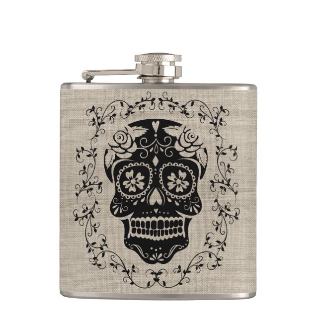 Petaca Monograma Hipster Black Sugar Skull en Burlap (Anverso)