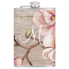 Petaca Monograma maderero con magnolias rosadas