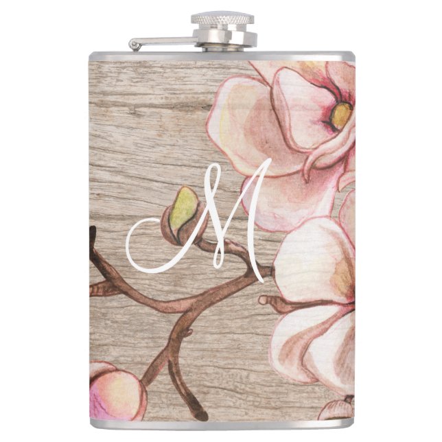 Petaca Monograma maderero con magnolias rosadas (Anverso)