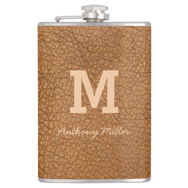 Petaca Monograma Moda de cuero marrón Script moderno (Anverso)