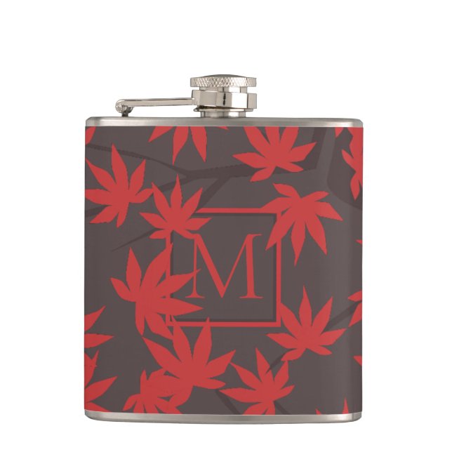 Petaca Monograma moderno hoja de arce roja gris (Anverso)