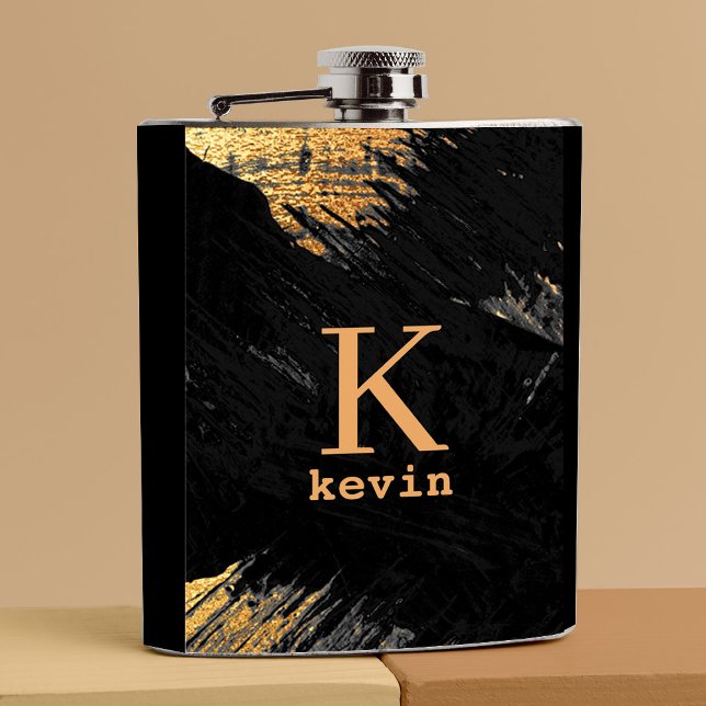 Petaca Monograma moderno oro negro personalizado (Subido por el creador)