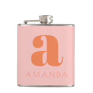 Petaca Monograma moderno y nombre Rosa y Naranja Boda