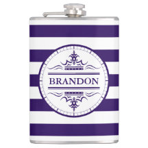 Monograma Nautical Elegant Navy Blue Striped Flask