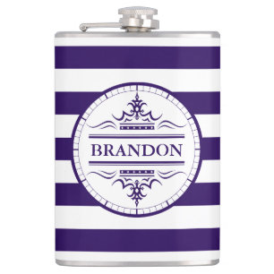 Petaca Monograma Nautical Elegant Navy Blue Striped Flask