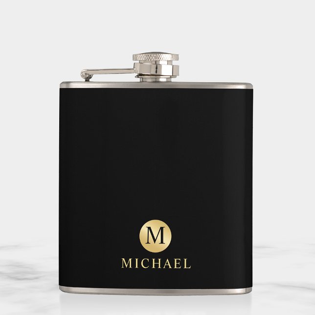 Petaca Monograma personalizado de lujo negro y oro (Subido por el creador)
