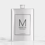 Petaca Monograma personalizado moderno y Groomsmen de nom<br><div class="desc">Añada un toque personal a su boda con un matraz de groomsmen personalizado. Este matraz presenta el monograma y nombre del groomsman personalizado con el título y la fecha boda en negro moderno estilo sans serif. También perfecto para el mejor hombre,  padre de la novia y más.</div>