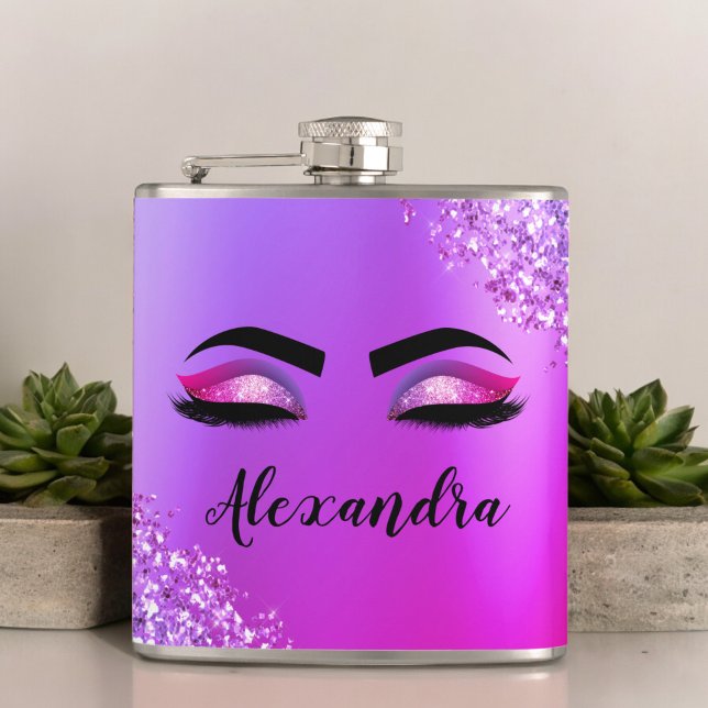 Petaca Monograma rosa morado Purpurina Eyelashes modernos (Subido por el creador)
