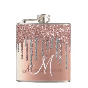 Petaca Monograma Rosa Purpurina de oro gotea Girly Sparkl