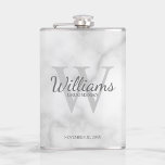 Petaca Monograma y nombre de Groomsmen con guión personal<br><div class="desc">Añada un toque personal a su boda con un matraz de groomsmen personalizado. Este matraz presenta el nombre personalizado del groomsman en estilo de letra de escritura gris clásico con detalles bodas en estilo de fuente serif gris clásico y monograma en estilo de fuente serif gris claro clásico como fondo,...</div>
