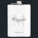 Petaca Monograma y nombre de la dama de honor personaliza<br><div class="desc">Los regalos personalizados de Bridesmaids presentan el nombre personalizado de la dama de honor en estilo de tipo de letra gris clásico y monograma en estilo de tipo de letra serif gris claro clásico como fondo con título y fecha boda en estilo de tipo de letra serif gris clásico sobre...</div>