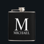 Petaca Monograma y nombre personalizados de negro<br><div class="desc">El Monograma y Regalo de nombres personalizados incluye un monograma personalizado y un nombre con el estilo de letra serif clásico blanco sobre fondo negro. Perfecto como regalo de vacaciones,  regalo del día del padre,  favores de reunión familiar,  gracias a los padrinos y regalo para cualquier ocasión especial.</div>