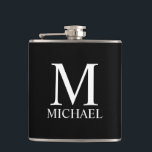 Petaca Monograma y nombre personalizados de negro<br><div class="desc">El Monograma y Regalo de nombres personalizados incluye un monograma personalizado y un nombre con el estilo de letra serif clásico blanco sobre fondo negro. Perfecto como regalo de vacaciones,  regalo del día del padre,  favores de reunión familiar,  gracias a los padrinos y regalo para cualquier ocasión especial.</div>