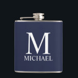 Petaca Monograma y nombre personalizados del azul marino<br><div class="desc">El Monograma y Regalo de nombres personalizados incluye un monograma personalizado y un nombre con el estilo de letra serif clásico blanco sobre fondo azul marino. Perfecto como regalo de vacaciones,  regalo del día del padre,  favores de reunión familiar,  gracias a los padrinos y regalo para cualquier ocasión especial.</div>