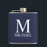 Petaca Monograma y nombre personalizados del azul marino<br><div class="desc">El Monograma y Regalo de nombres personalizados incluye un monograma personalizado y un nombre con el estilo de letra serif clásico blanco sobre fondo azul marino. Perfecto como regalo de vacaciones,  regalo del día del padre,  favores de reunión familiar,  gracias a los padrinos y regalo para cualquier ocasión especial.</div>