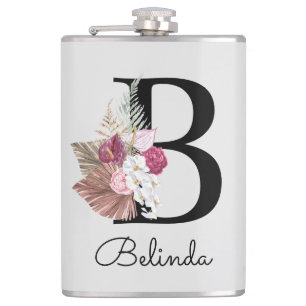 Petaca Monogramado Moderno Floral Rosa Inicial B