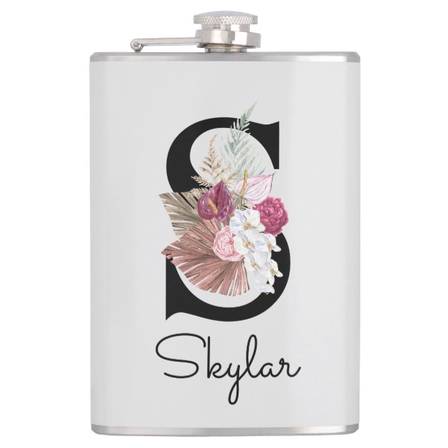 Petaca Monogramado Pink Boho Floral Inicial S (Anverso)