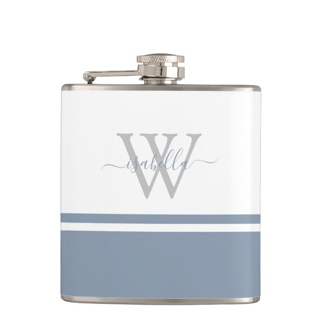 Petaca Monogrammed Flask Moderno Script Dusty Blue (Anverso)