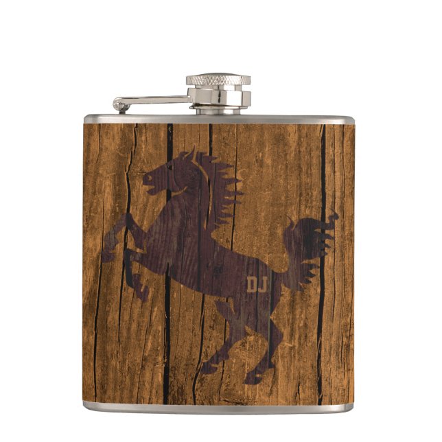 Petaca Monogramo Rústico Wood Look Horse Flask (Anverso)