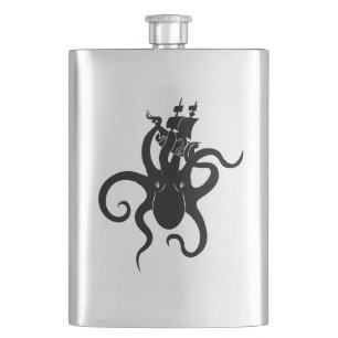Petaca Monstruo marino: Kraken blanco y negro con barco