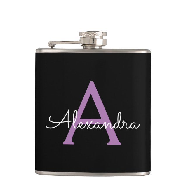Petaca Morado Black Script Girly Monograma Nombre (Anverso)