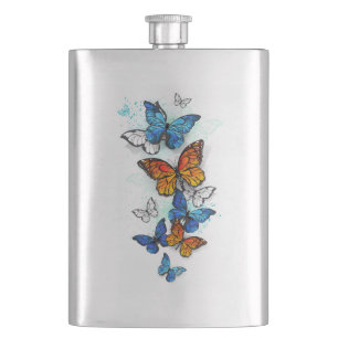 Petaca Morfo y monarca de las mariposas voladoras