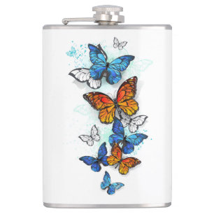 Petaca Morfo y monarca de las mariposas voladoras
