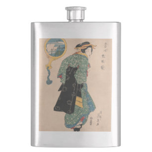 Petaca Mujer de kimono japonés antiguo Ukiyo-e grabado en