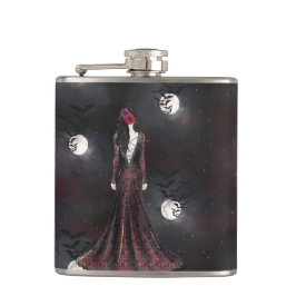 PETACA MUJER DE PIE EN UN CIELO NOCTURNO DE PÁJAROS