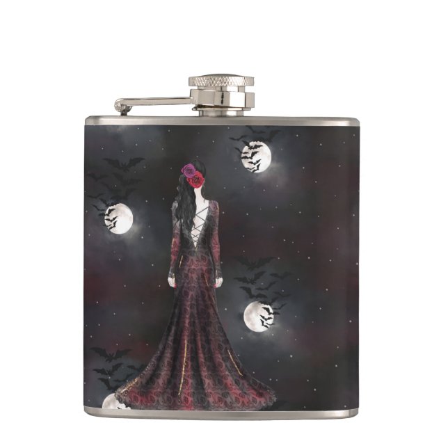 PETACA MUJER DE PIE EN UN CIELO NOCTURNO DE PÁJAROS (Anverso)