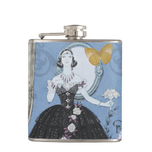 Petaca Mujer elegante azul vestido floral de fantasía